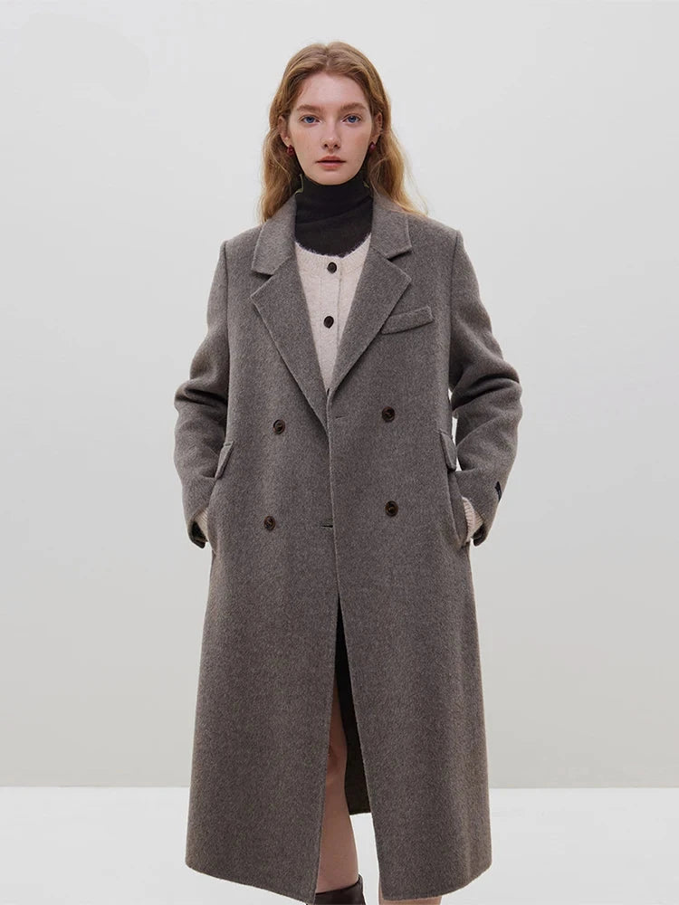 Her Shop 100% Wool Dark Grey Winter Mid-Length Straight Wool Coat - Simple Notched Collar, Temperament Shoulder Design