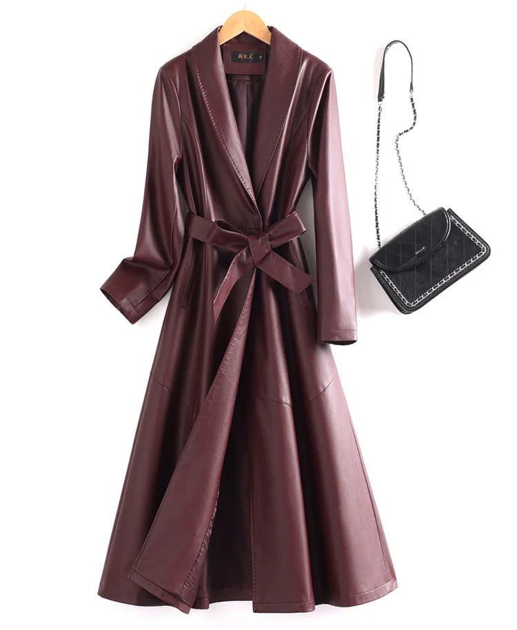 New Elegant Women’s Split Leather Trench Coat | Slim Waist Belted Long Coat with Suit Collar | Spring & Autumn Fashion Casual Outerwear