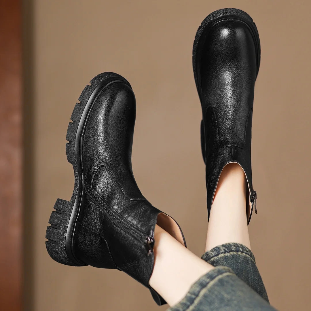 Women’s Genuine Sheepskin Ankle Boots with Side Zip – Round Toe, Soft Comfort, Thick Sole Casual Boots for Autumn