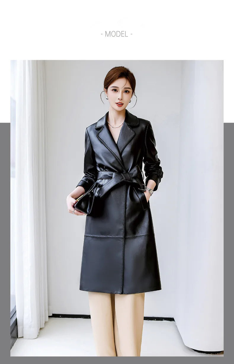 Women's Genuine Leather Trench Coat Lace-Up Long Slim Fit Spring Autumn Sheepskin Top
