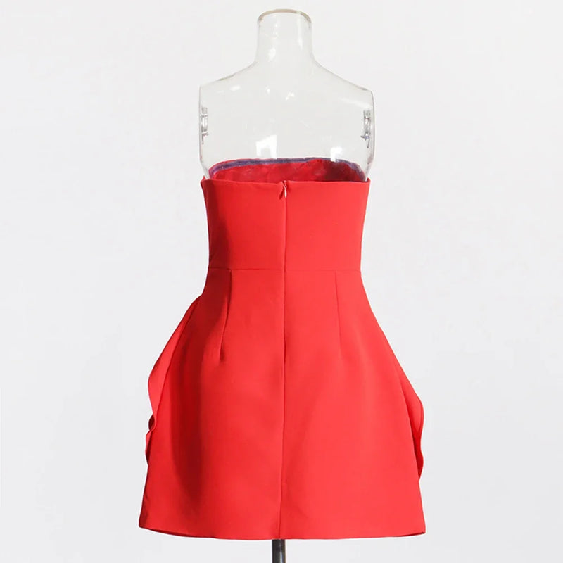 Red Strapless Mini Dress for Women - Sexy, Tight, 3D Flower Embellishment, Summer 2024 - Elegant Celebrity Party Dress