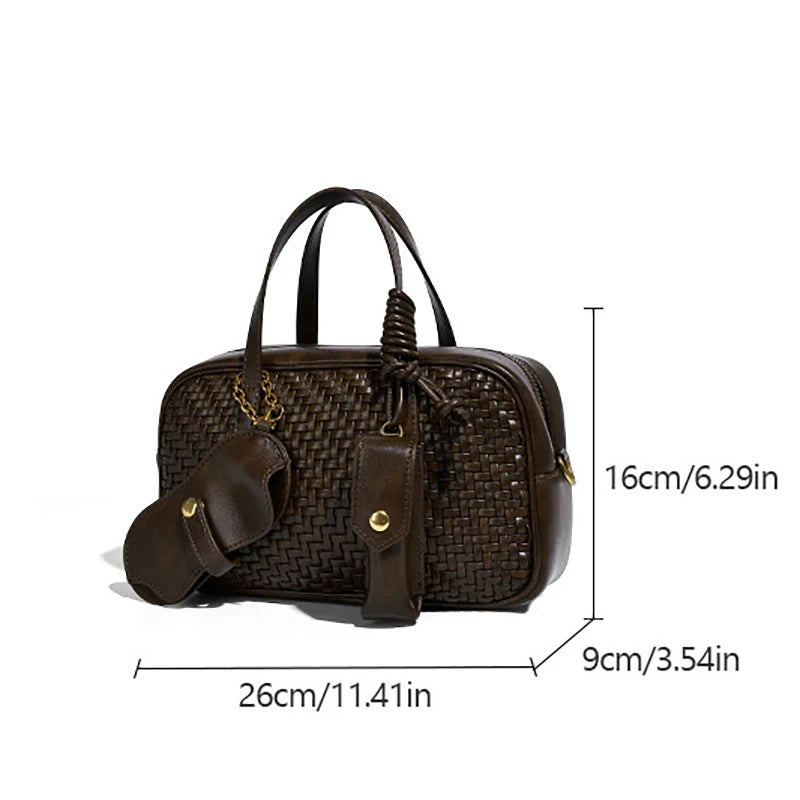 Women's Boston Bag 2025 Fall Winter New Woven Bowling Bag Unique Design Handheld Pack Trendy Light Luxury PU Leather Handbag