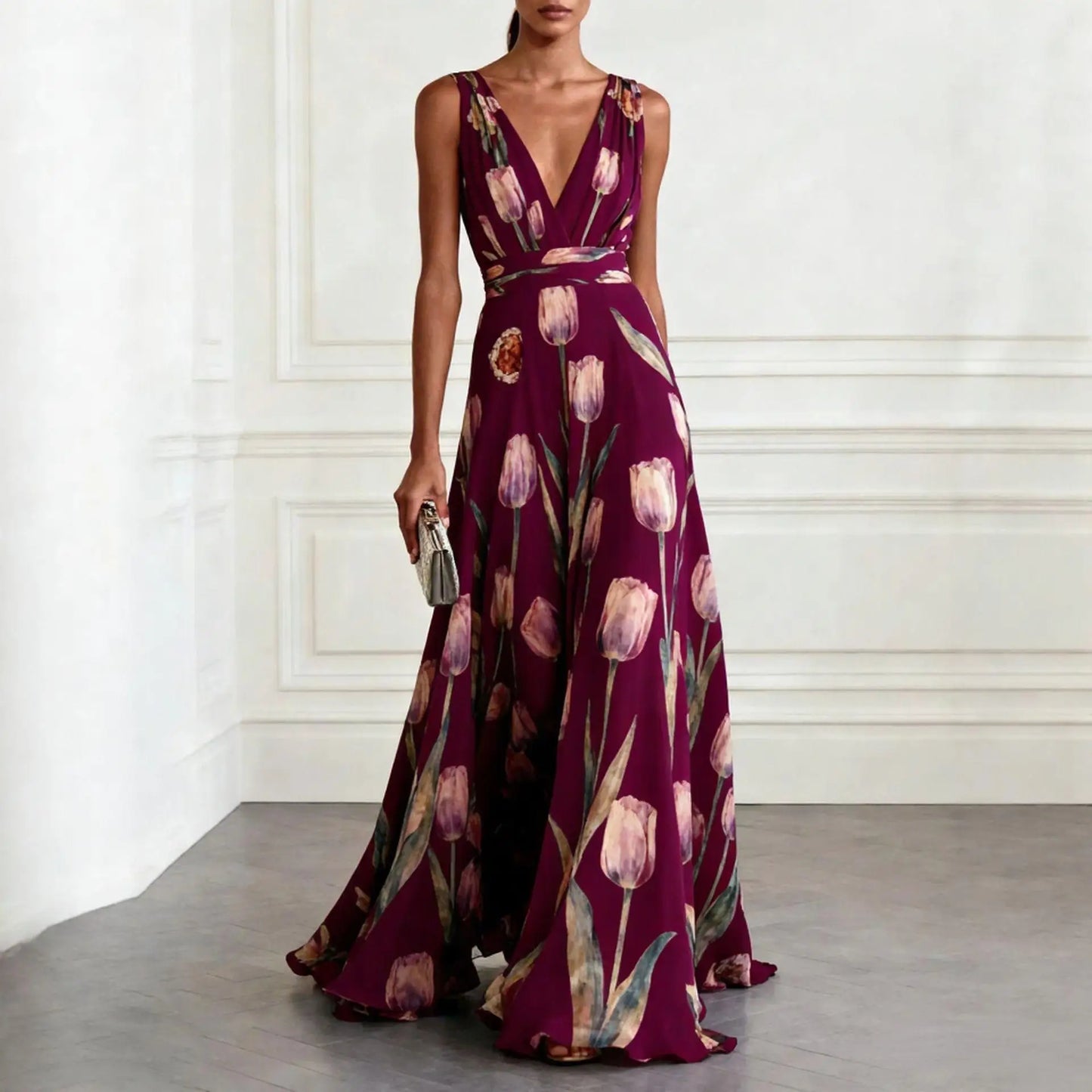 Blue Tulip Print Chiffon Maxi Dress – Sleeveless V-Neck Elegant Flowy Spring Summer Evening Gown