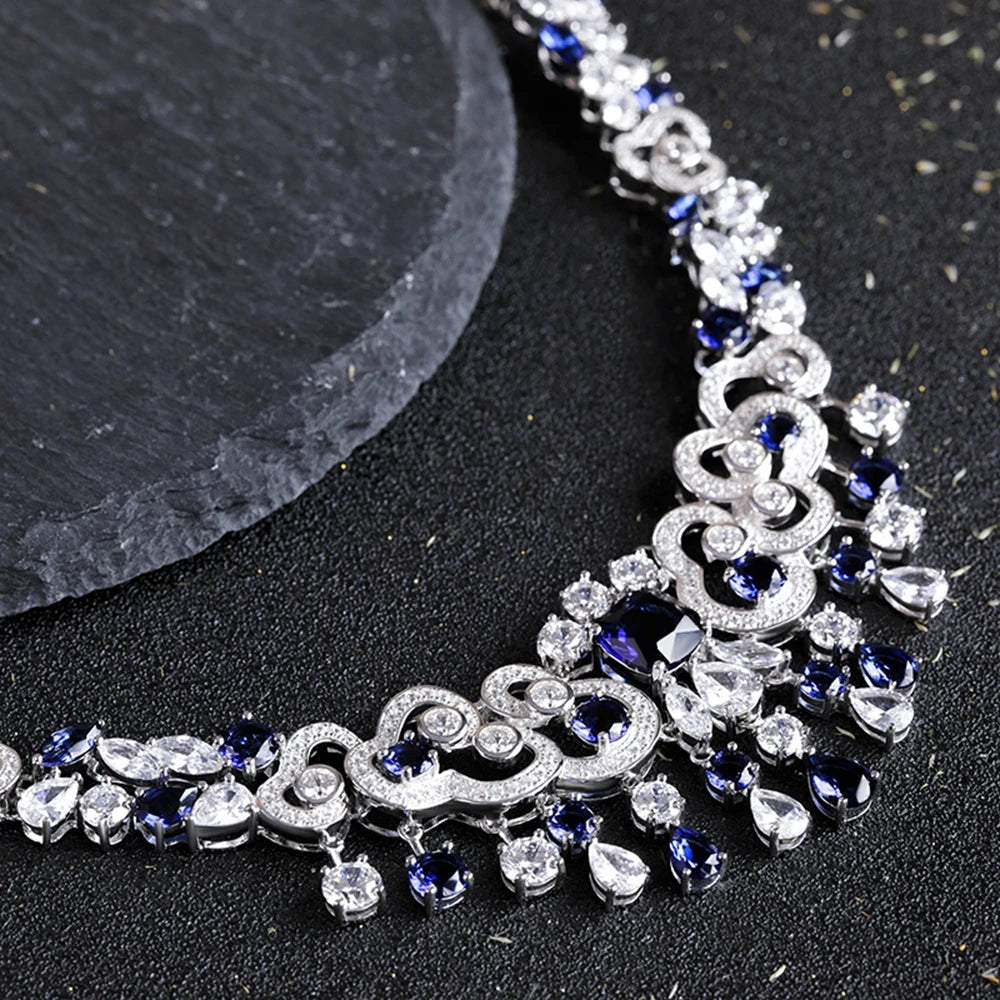 Vintage 925 Sterling Silver Moissanite & Sapphire Jewelry Set â€“ Earrings & Necklace for Women