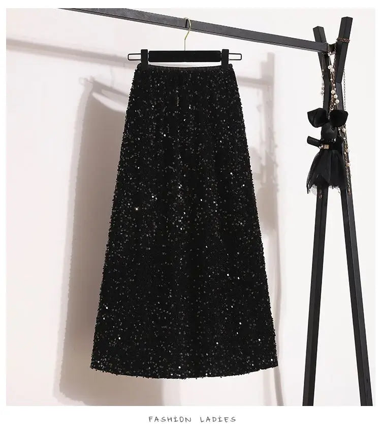 Sequin Elastic Waist A-Line Midi Skirt for Women – Casual Solid Color Summer Skirt