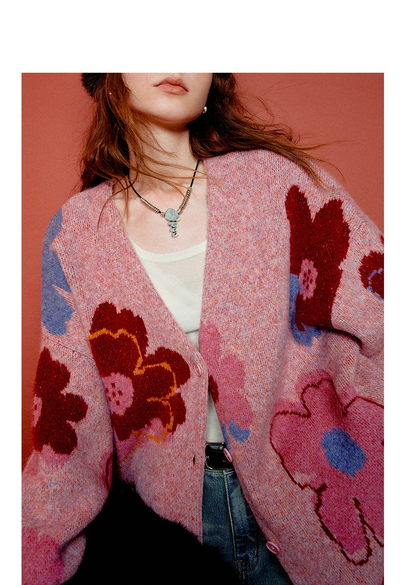 Women’s Floral Jacquard Knit Cardigan Coat – V-Neck Button Front Office-Style Jacket for Spring & Fall