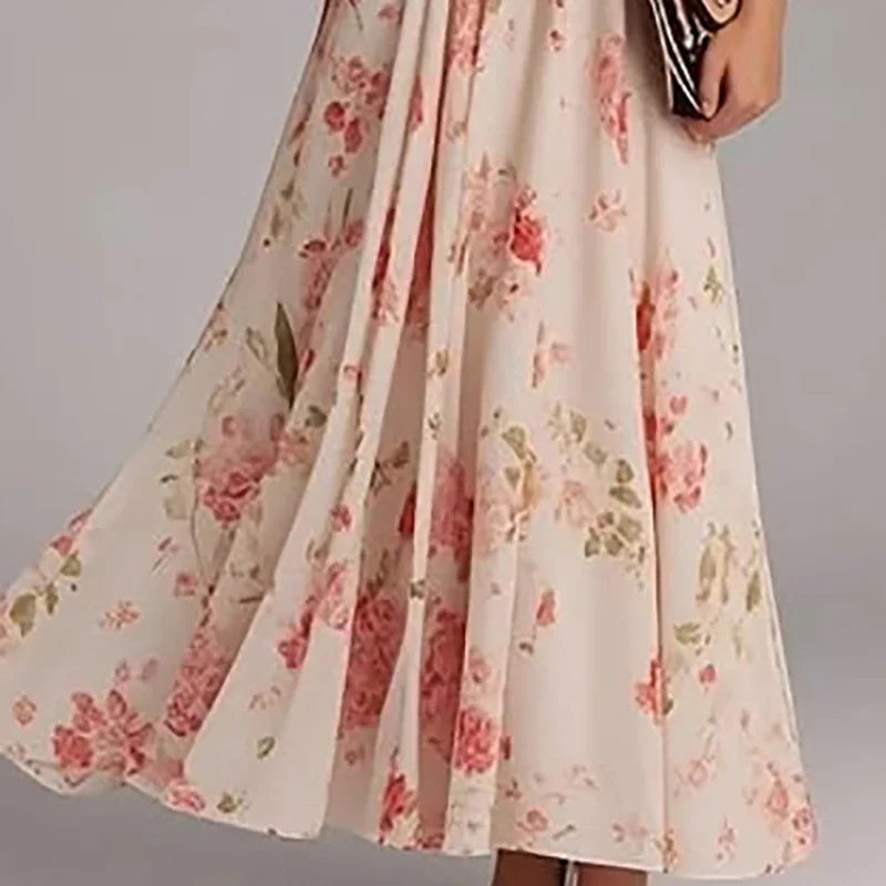 Spring Women V Nec Floral Print Long Sleeve Party Dress Ladies Commute A-Line Pullover Pleated Dress Vestidos Bohemian Dress