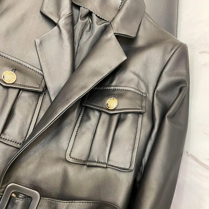 Women’s Genuine Sheepskin Leather Coat – Retro Belted Mid-Length Jacket with Gold Buckle, Suit Collar & Cargo Pockets