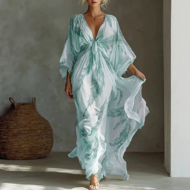 Women’s Feather Print Deep V-Neck Maxi Dress – Bohemian Batwing Sleeve Summer Resort Dress