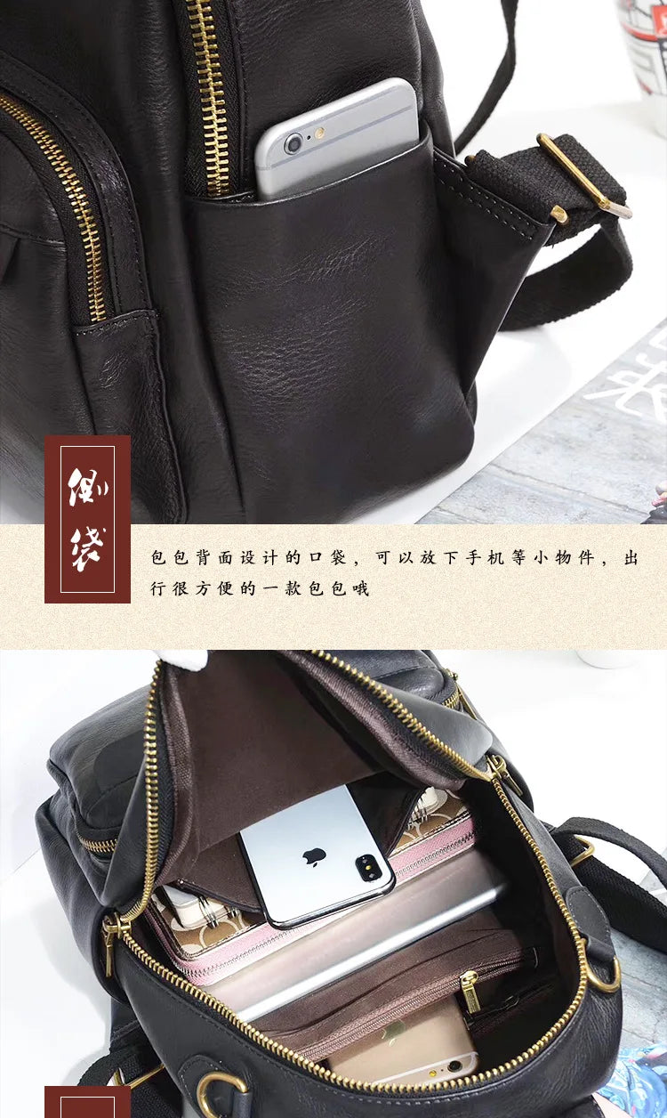 Highend Vintage A4 Coffee Yellow Brown Black Full Grain Genuine Leather Women Backpack Cowhide Girl Travel Bag