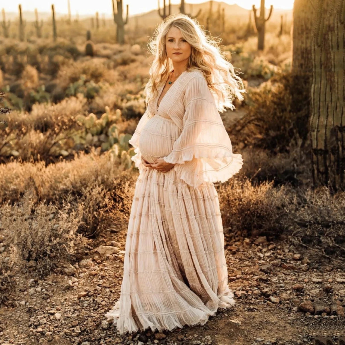 Pleated Chiffon Boho Maternity Photoshoot Dress – Maxi Baby Shower Gown for Pregnant Women | Photography Prop Dress - HER SHOP