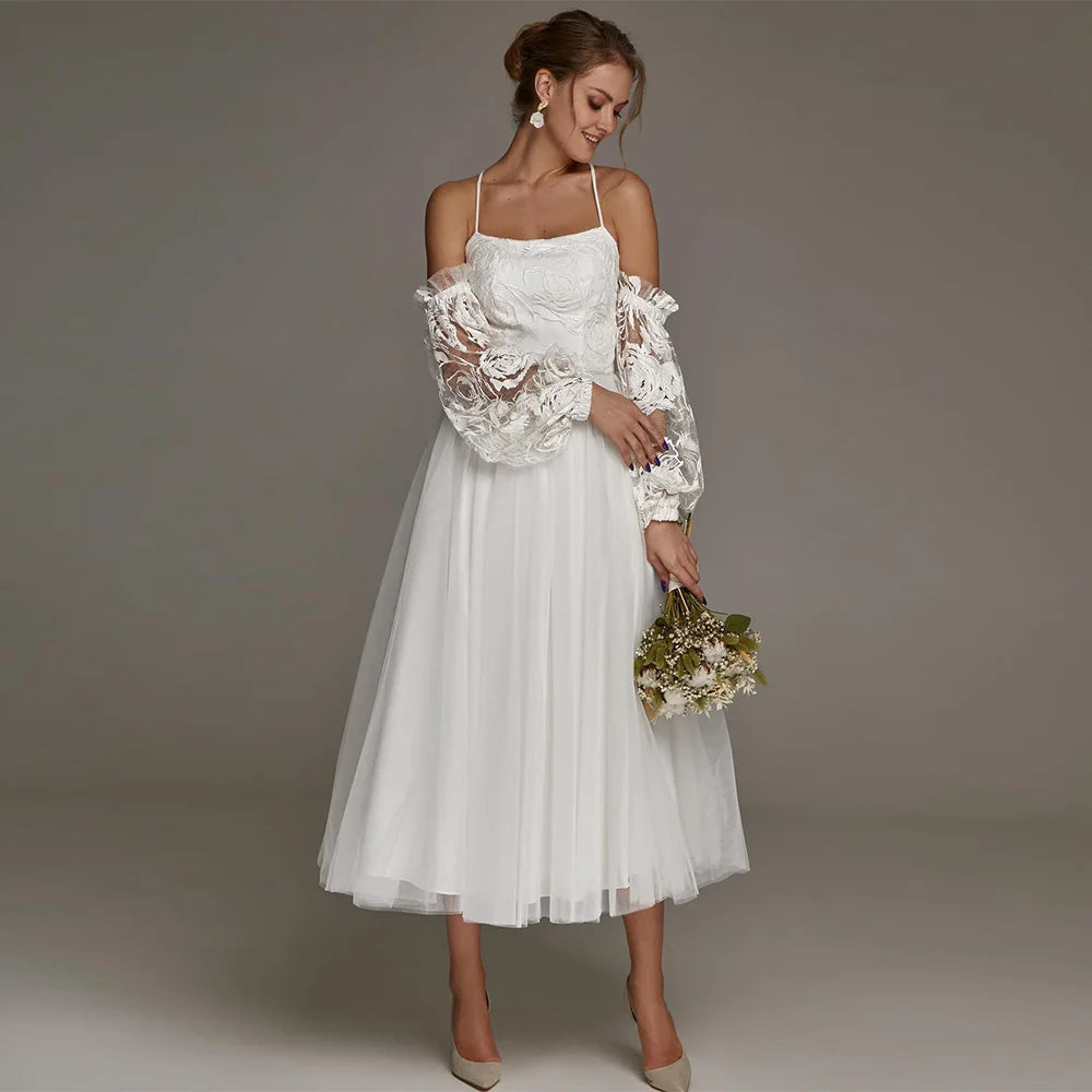 Sexy Short Wedding Dress Halter Sleeveless Lace Tulle A Line Bridal Gown Tea Length Vestidos De Novia Civil Bride Dresses - HER SHOP