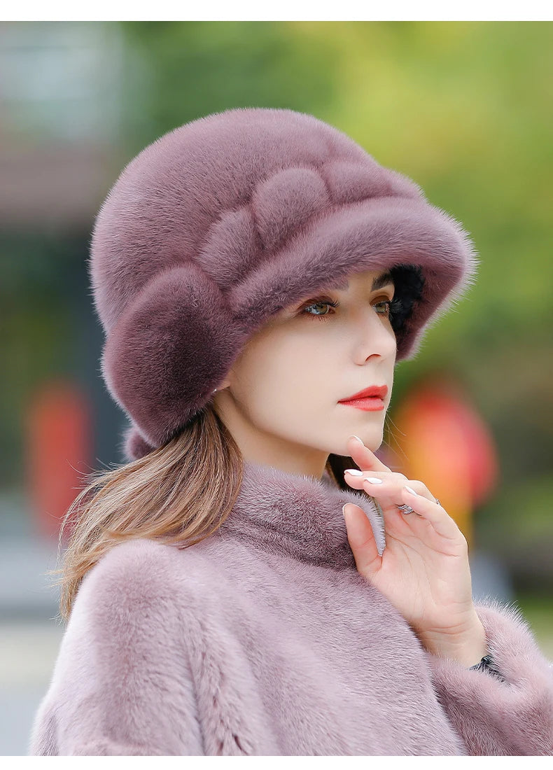 Real Mink Fur Hat for Women – Winter Thickened Whole Mink Fur Fisherman Hat with Ear Protection