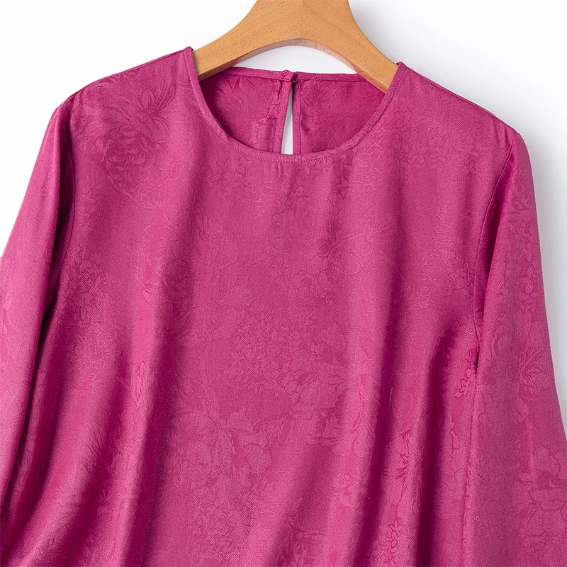 70% Mulberry Silk Cotton Jacquard Blouse – Women’s Hot Pink Long Sleeve Pullover Top