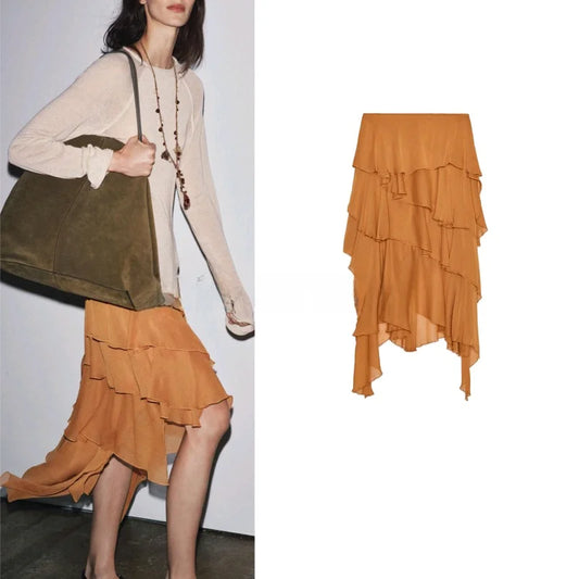 New Autumn Women's Simple Midi Skirt— Asymmetrical Layered Cake Design, Casual Loose Fit, Polyester Fiber - HER SHOP