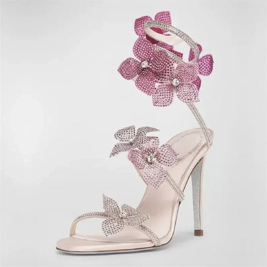 Sexy Crystal Flower High Heel Sandals for Women – Street Style Narrow Band Ankle Strap Party & Dance Shoes - HER SHOP