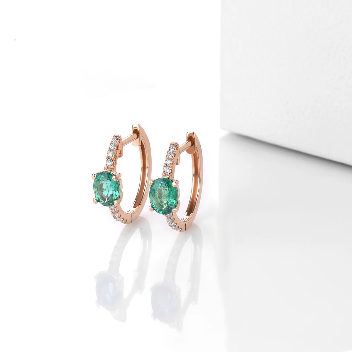 Solid 18K Rose Gold Earrings - 0.6 Carat Natural Emerald, 0.182 Carat Diamond Jewelry for Women