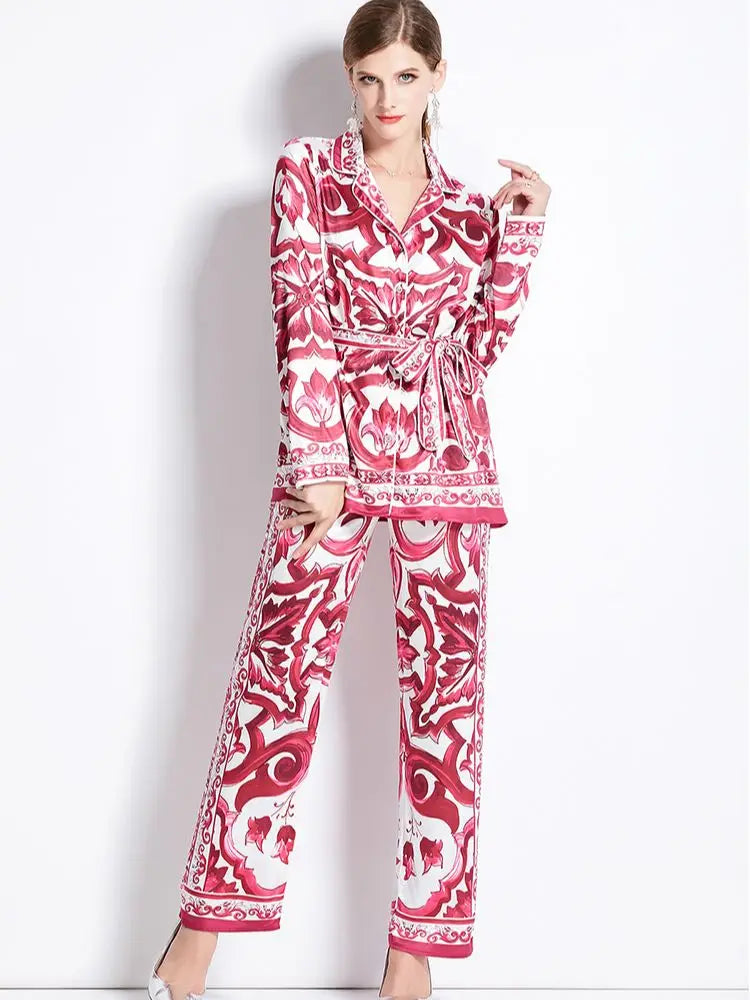 Autumn Women’s Porcelain Print Pantsuit – Red, Blue & White Notched Blouse with Belt + Wide-Leg Trousers Set