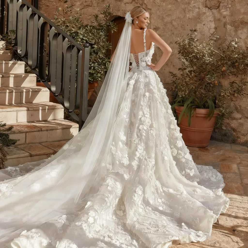 Luxury Square-Neck A-Line Lace Wedding Dress – Spaghetti Straps & 3D Floral Appliqués, Custom Made