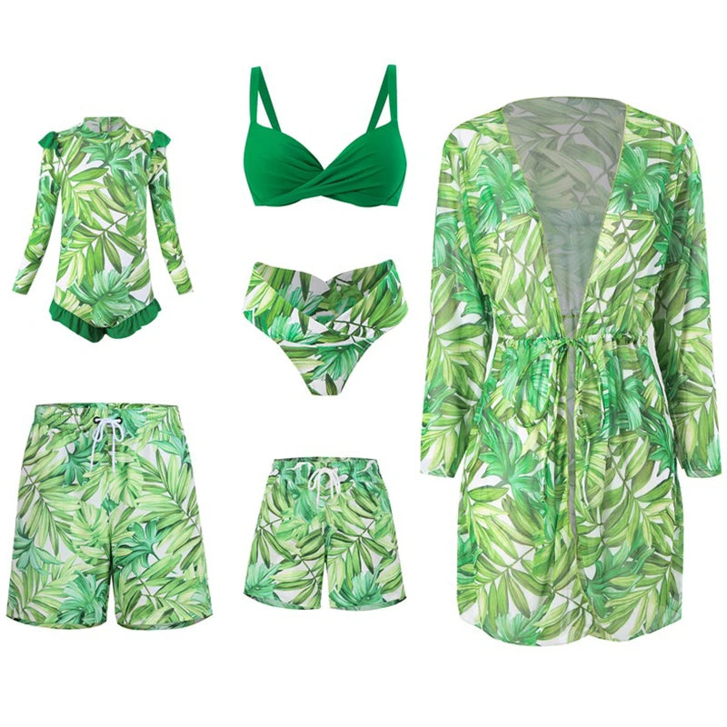 Leaf Print Swimwear Family Matching Outfits Look Mother Daughter Bikini Swimsuits Mommy and Me Clothes Dad Son Swimming Trunks - HER SHOP