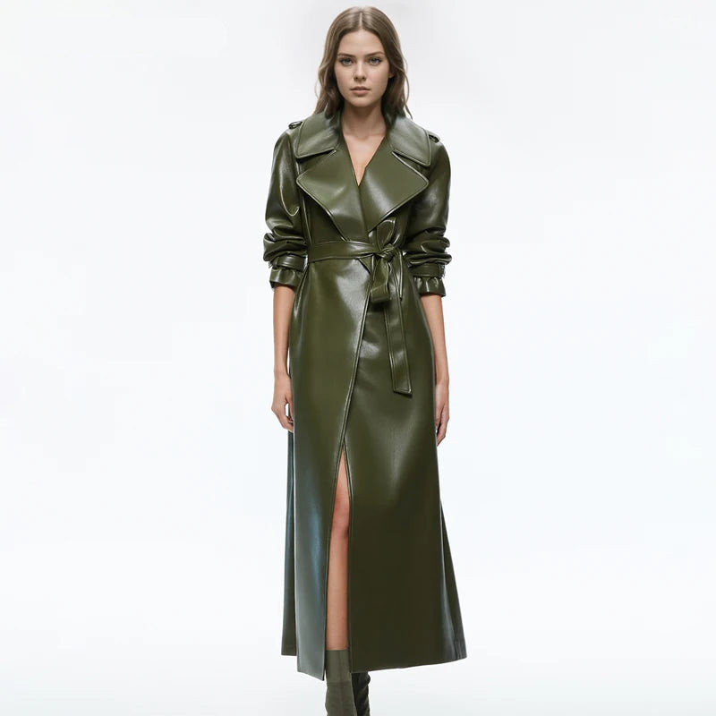 Long Sheepskin Leather Windbreaker Coat  –  Green, Loose Fit, Stylish Women'sOuterwear for Spring & Autumn - HER SHOP