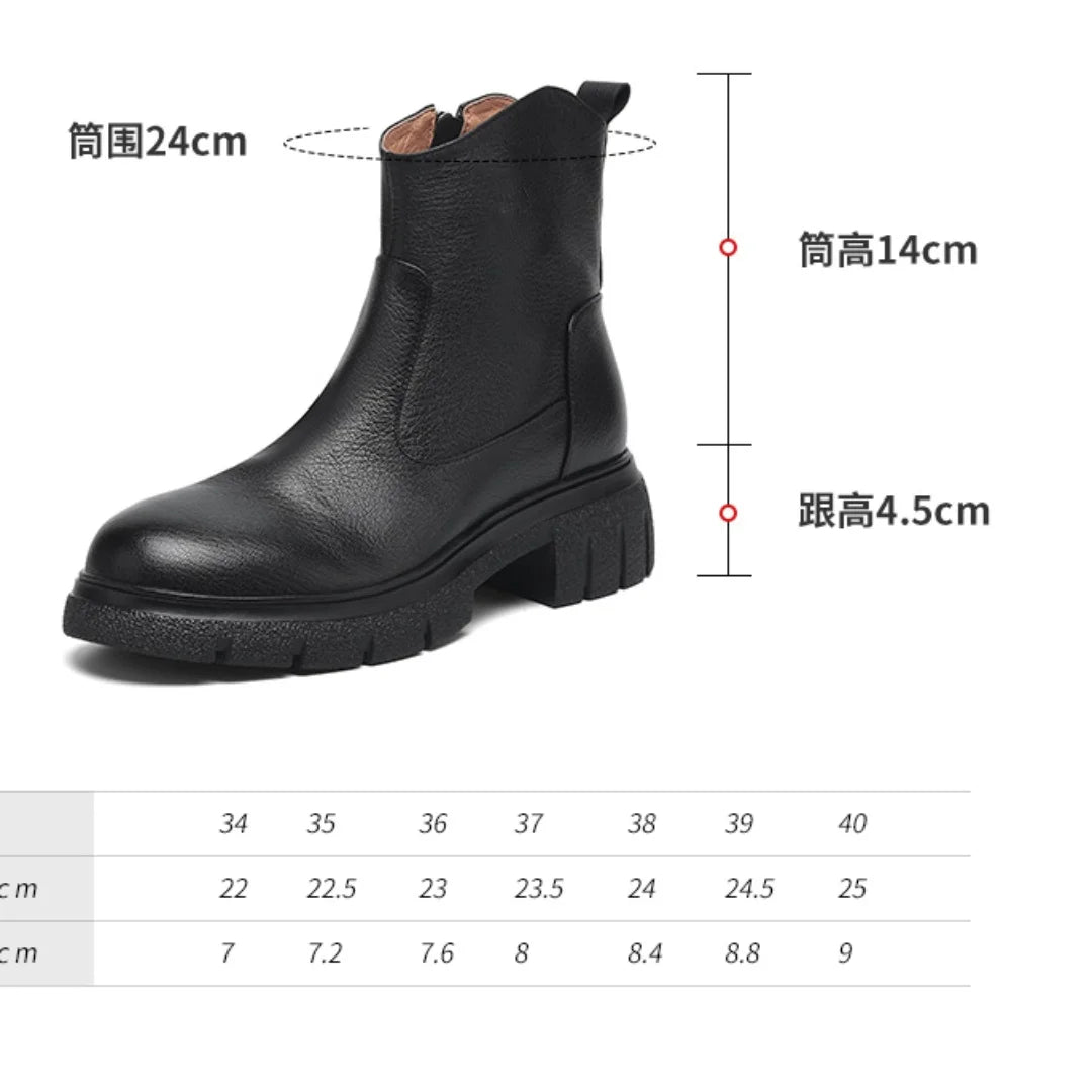 Women’s Genuine Sheepskin Ankle Boots with Side Zip – Round Toe, Soft Comfort, Thick Sole Casual Boots for Autumn