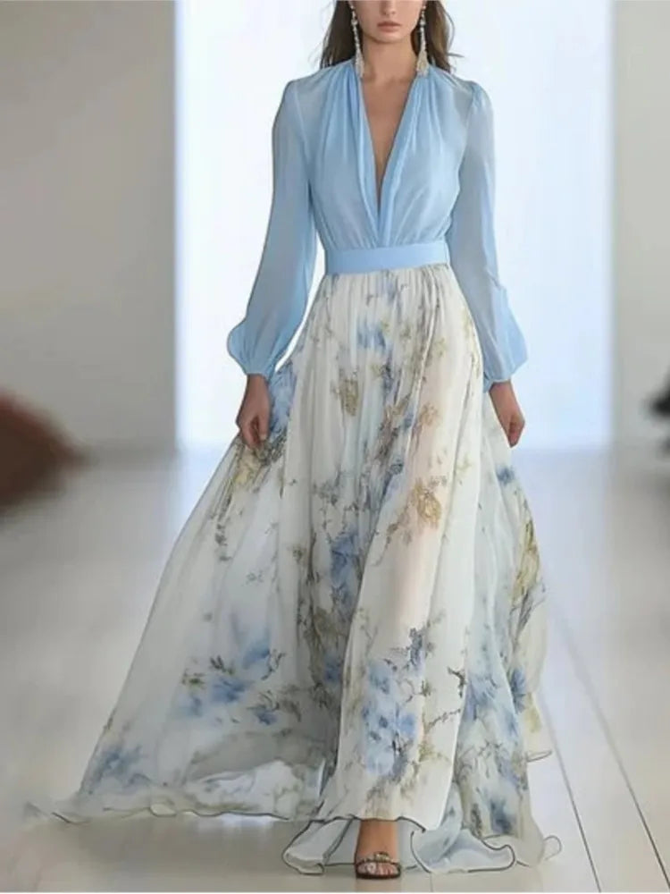Elegant V-neck Long-sleeved Chiffon Dress Fashion Spring Autumn Powder Sleeve Splicing Flower Printing Casual Dresses Female - HER SHOP