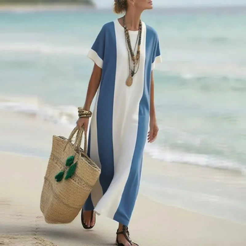 Elegant Retro Contrast Color Boho Maxi Dress – O-Neck, Short Sleeve, Loose Fit, Side Slit Long Dress for Women, Spring/Summer Vacation Style - HER SHOP