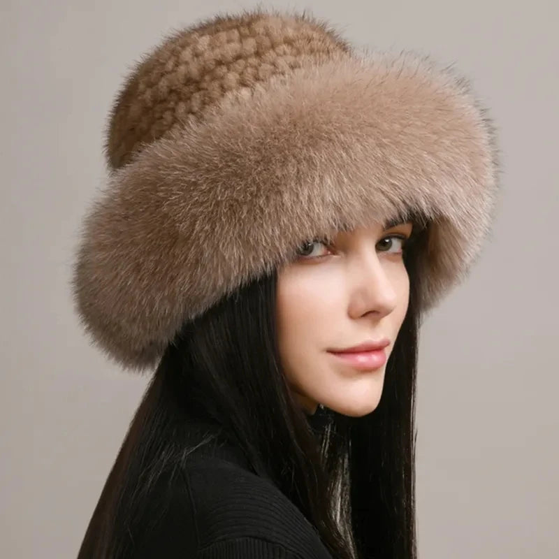 Luxury Knitted Mink Fur Hat with Real Fox Fur – Handmade Winter Fashion for Women