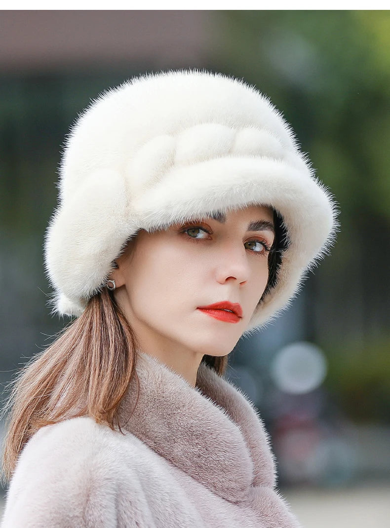 Real Mink Fur Hat for Women – Winter Thickened Whole Mink Fur Fisherman Hat with Ear Protection