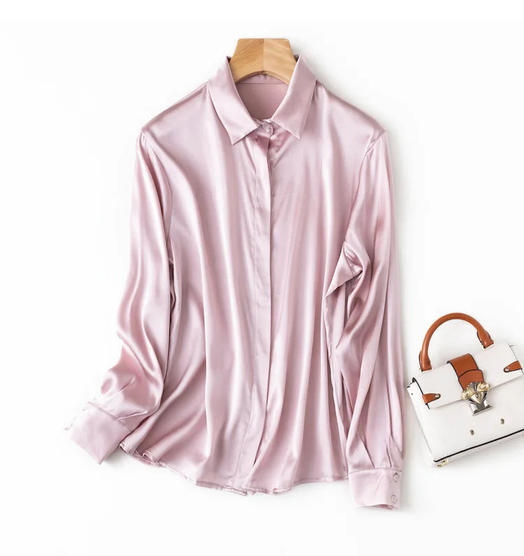 Women's 93% Mulberry Silk 7% Spandex 19 momme satin Silk Buttons down long sleeve shirt Top Blouse office work M L XL MM161