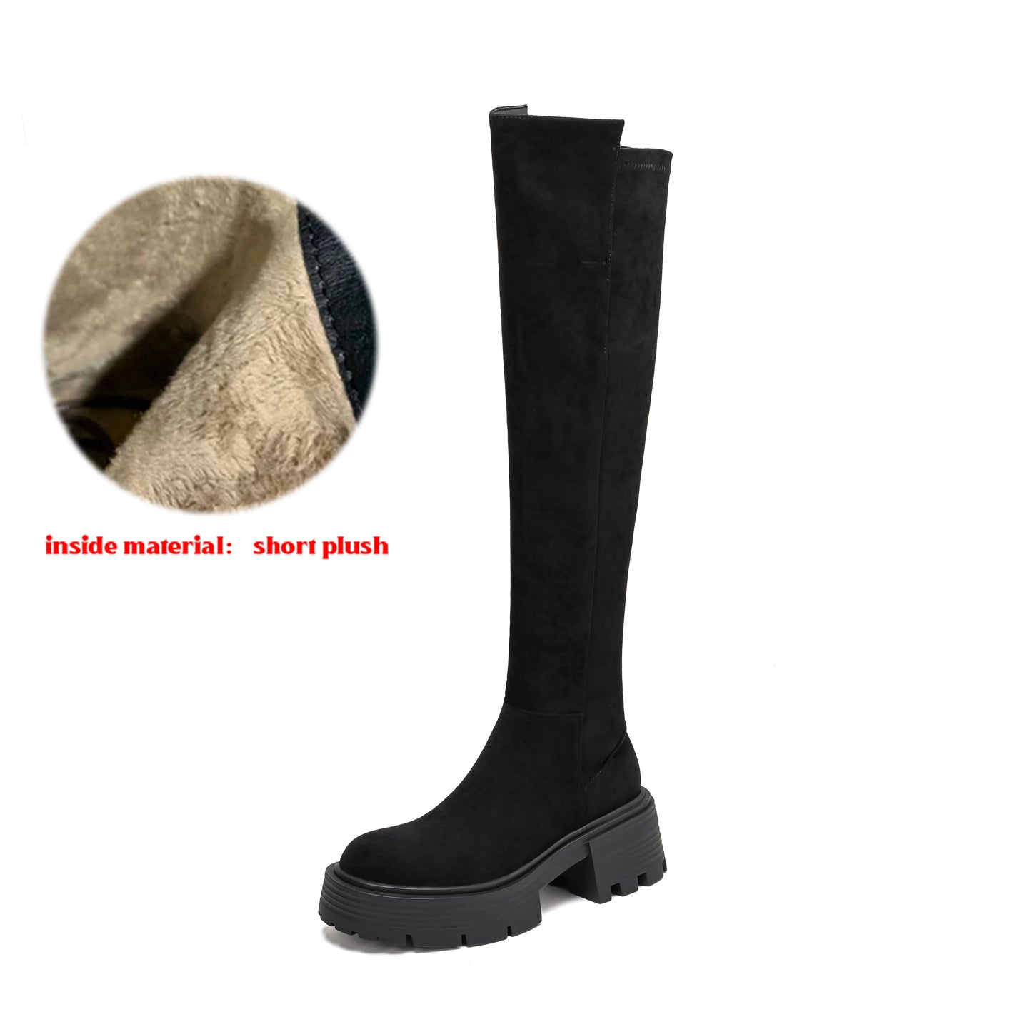 Flock Stretch Over-the-Knee Boots – Slip-On, Round Toe, Chunky High Heels, Elegant Modern Platform Style
