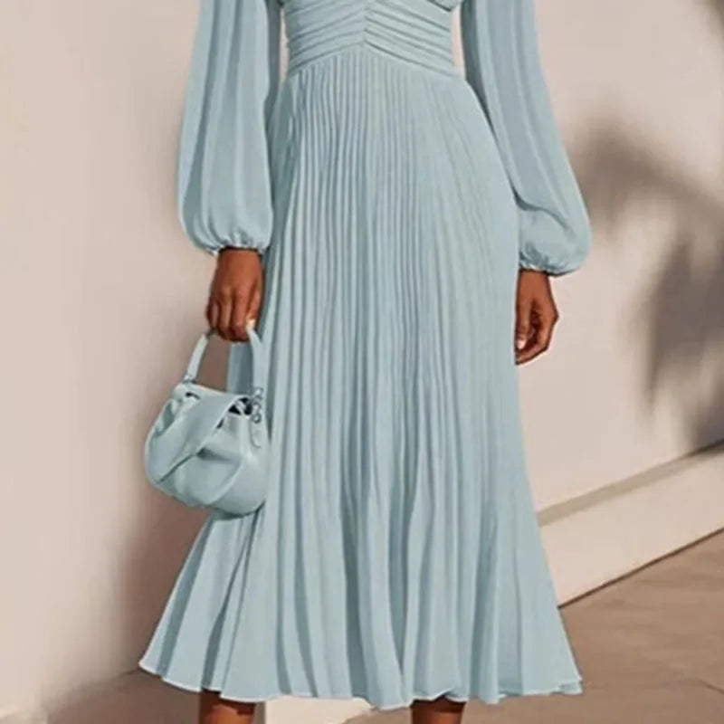 Sexy V-Neck High Waist Pleated Long Dress – Elegant Autumn Long Sleeve Party Dress for Women
