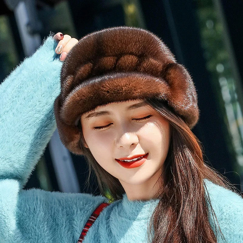 Russian Fur Hat Winter Warm Natural Mink Fur Hats for Women Classic Luxury Caps Earflap Christmas Hat Luxury Lady Real Mink Hat