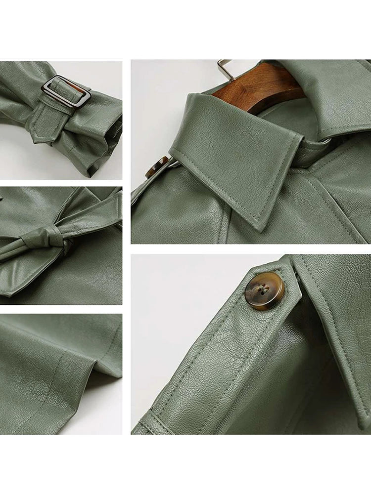 Women'sFaux Leather PU Jacket  –  Green Lapel Belted Coat, Loose Office Lady Outwear