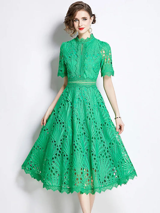 High-End Lace Hollow Out Summer Dress Women's Runway Embroidery Design Vintage Elegant Short Sleeve Dresses - HER SHOP