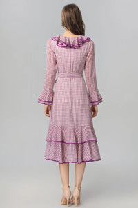 Elegant Vintage Houndstooth Midi Dress – Spring/Summer Fashion, Ruffle V-Neck with Belt, Casual Women€™s Runway Design