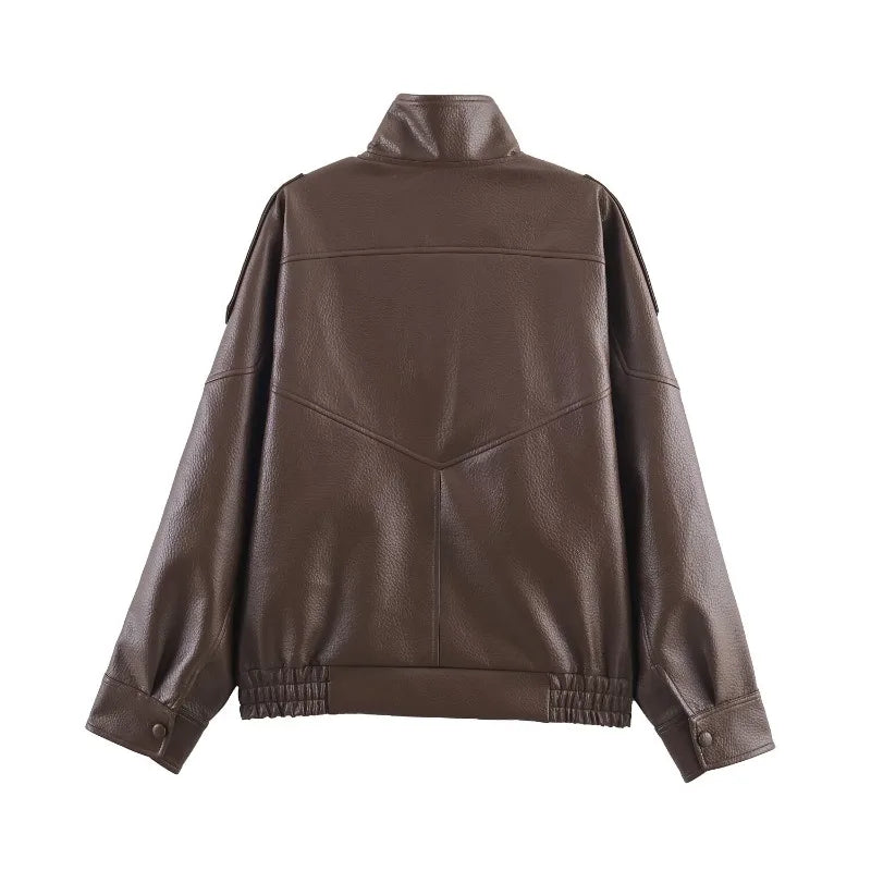Trendy Solid PU Leather Moto Jacket for Women – Winter 2025 Turtleneck Retro Asymmetrical Vintage Coat