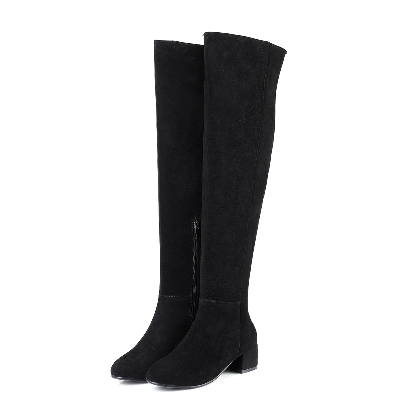 Plus Size Cow Suede Over-the-Knee High Heel Boots for Women – Retro Winter Long Boots with Zipper and Round Toe (Sizes 33–46)