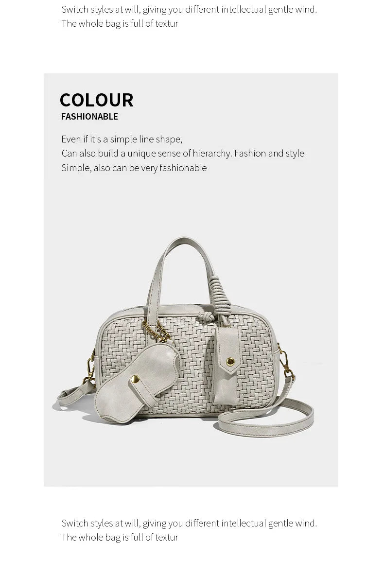 Women's Boston Bag 2025 Fall Winter New Woven Bowling Bag Unique Design Handheld Pack Trendy Light Luxury PU Leather Handbag