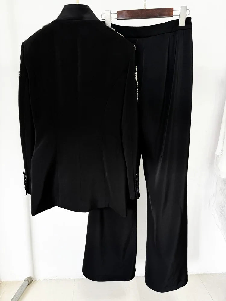 HIGH QUALITY Newest Designer Suit Women Beaded Diamonds Stand Collar Single Button Blazer Wide-leg Pants Set 2PCS
