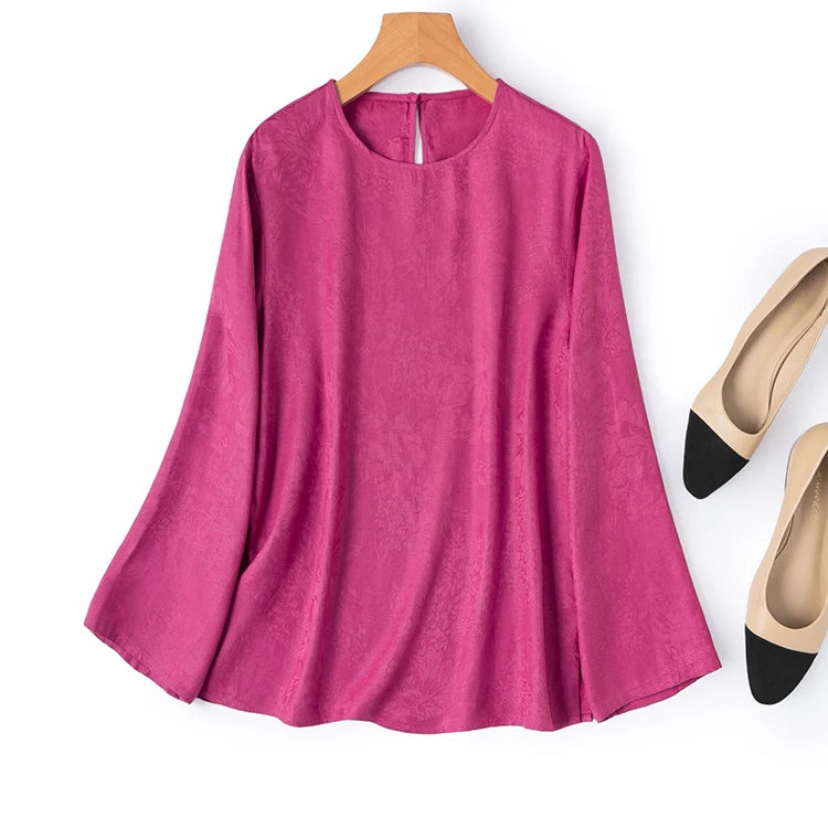 70% Mulberry Silk Cotton Jacquard Blouse – Women’s Hot Pink Long Sleeve Pullover Top