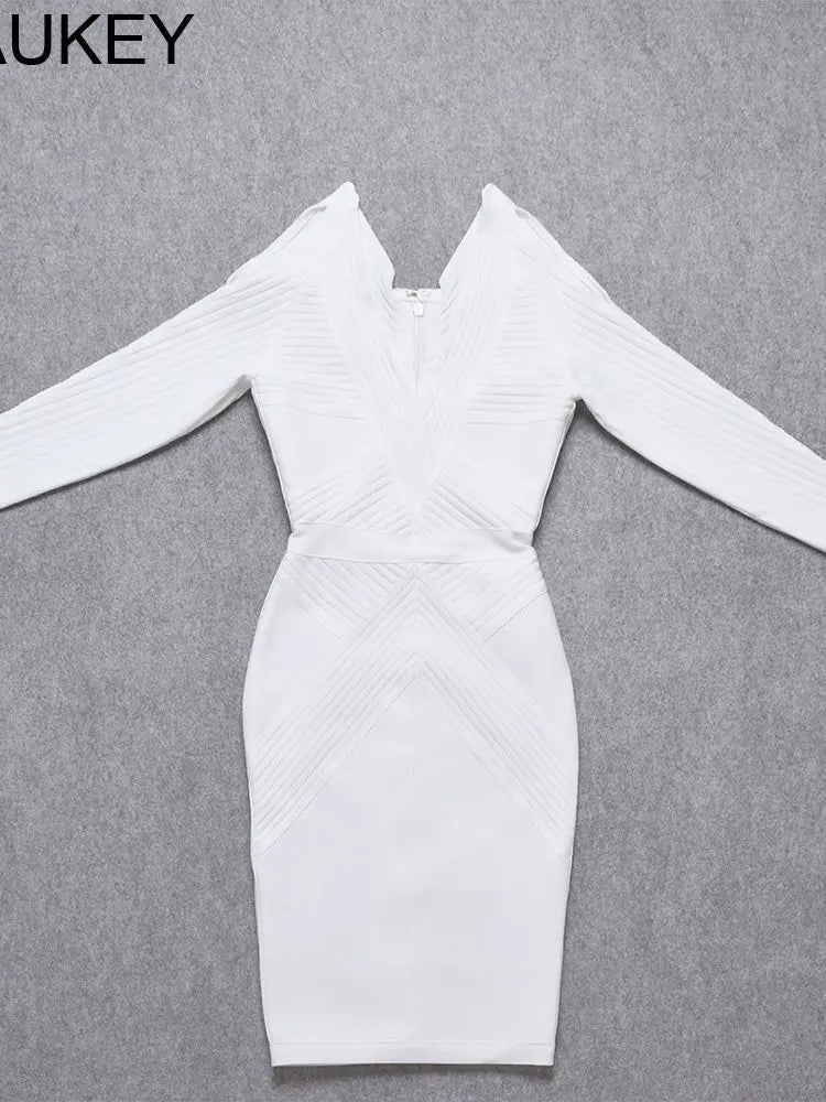 White Long Sleeve Hollow-Out Bandage Bodycon Dress – Sexy V-Neck Runway Party Club Dress