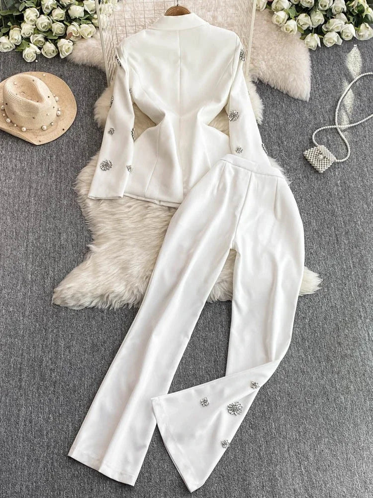 Commuter Style Two-piece Sets Women Outfits Diamond-encrusted Flower High Waist Versatile Blazer Coat+ High-waisted Trousers