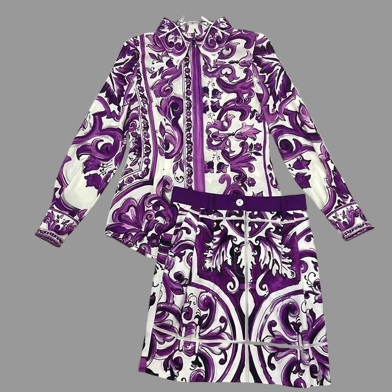 Elegant Women's Silk Top & Printed Cotton Skirt Set – 2-Piece Turn-Down Collar Outfit