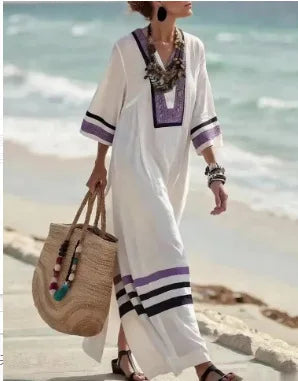 2026 Spring/Autumn Ethnic Print Maxi Dress V-Neck, Striped Contrast, Trumpet Sleeves, Loose Fit Vacation Long Dress for Women