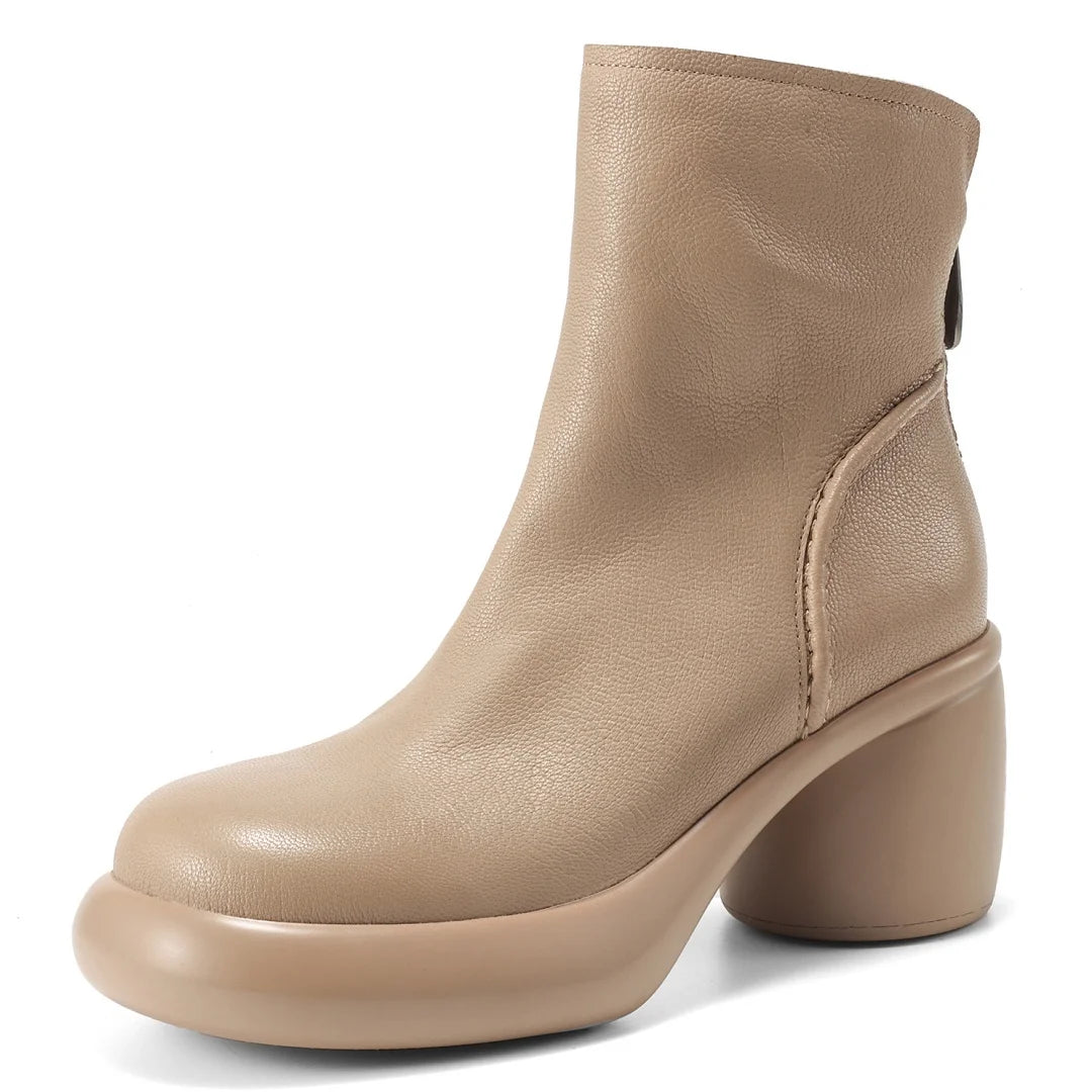 Women’s Sheepskin Chunky Heel Platform Ankle Boots – 7cm Back Zip Autumn Punk Short Booties