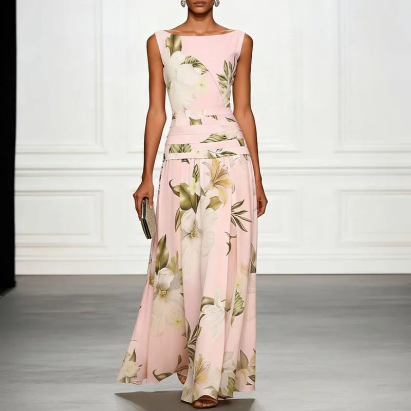 Women's Floral Print Maxi Dress – Sleeveless Slim-Fit A-Line Evening Party Dress