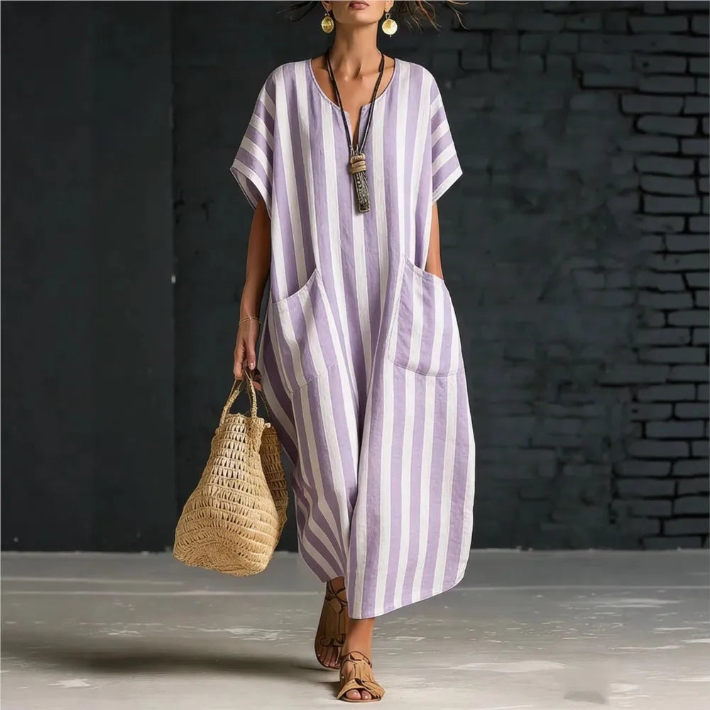 Striped V-Neck Loose Casual Summer Dress