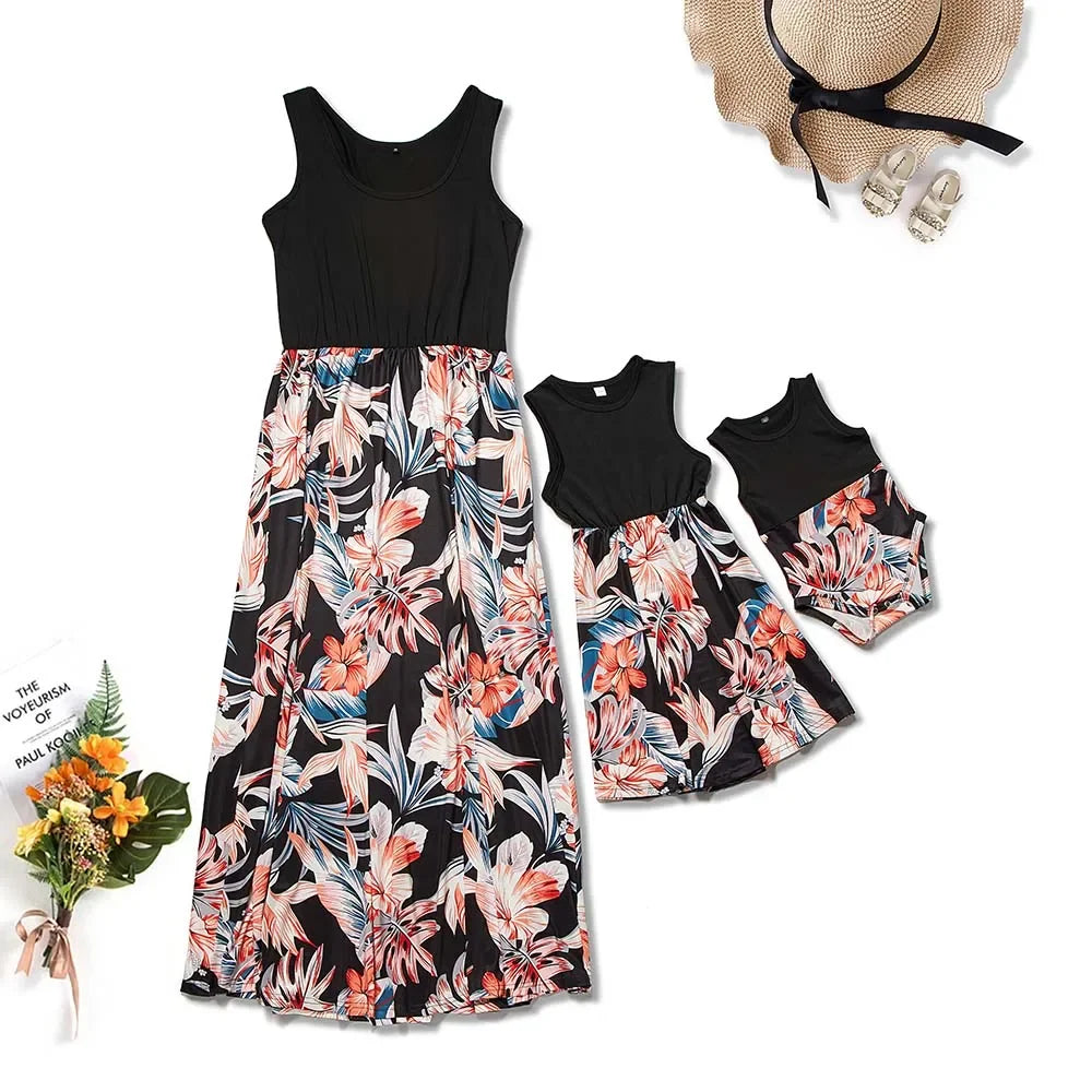 Fashion Mom and Daughter Dress Spring Summer Holiday Beach Dress Floral Patchwork Long Dress Baby Romper Mommy and Me Clothes